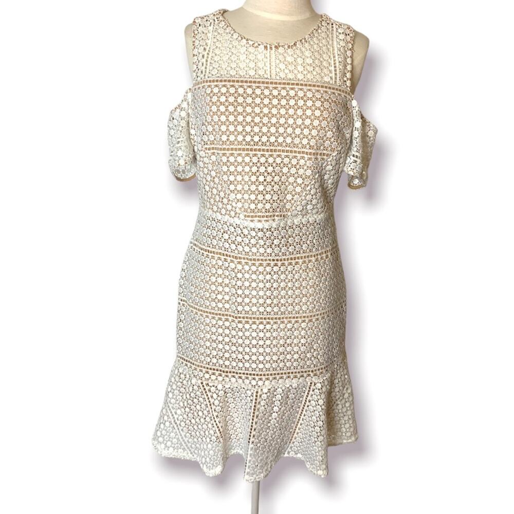 Ina I:na embroidered‎ lace cut out shoulder dress white tan sz m